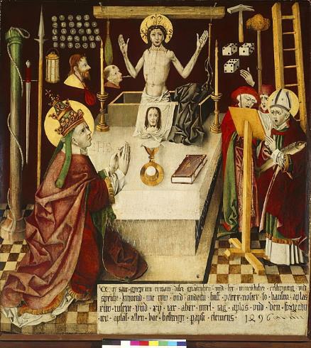 Le Christ apparaissant lors d'une messe célébrée par Grégoire I°, prouvant la validité du concept de la transsubstantiation, par Thomas BURGKMAIR, 1496, Deutsches historisches museum, Berlin.